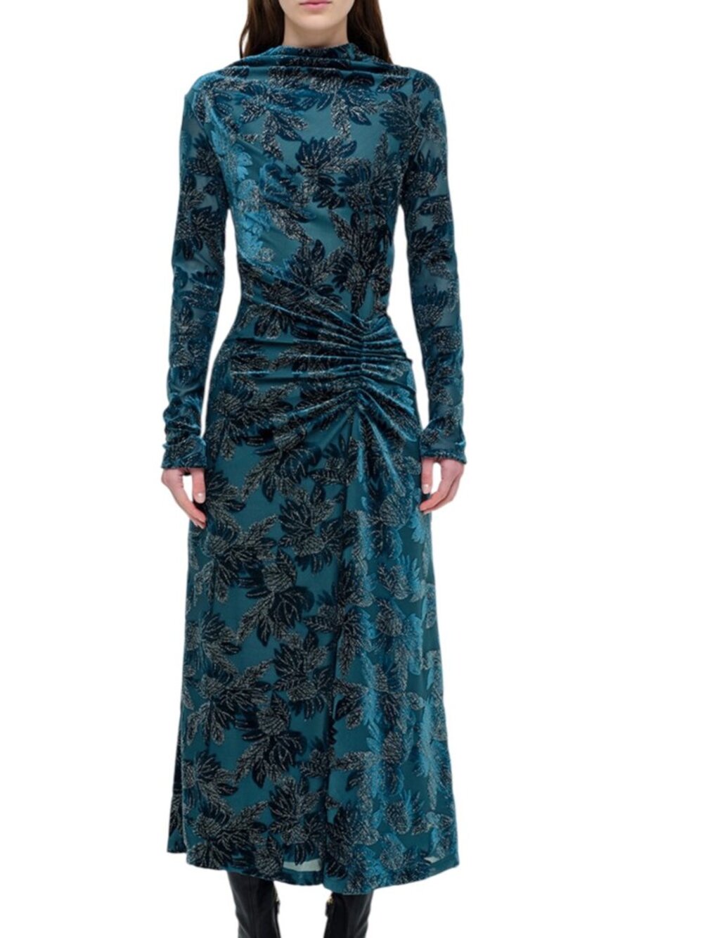 Simkhai Ferrera Floral Velvet Midi Dress L Petrol Long Sleeve Formal